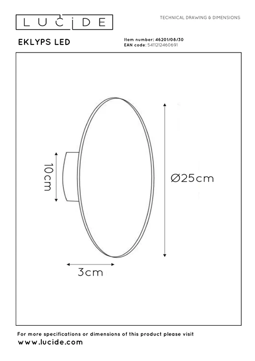 Lucide EKLYPS LED - Wall light - Ø 25 cm - LED - 1x9W 3000K - Black - technical